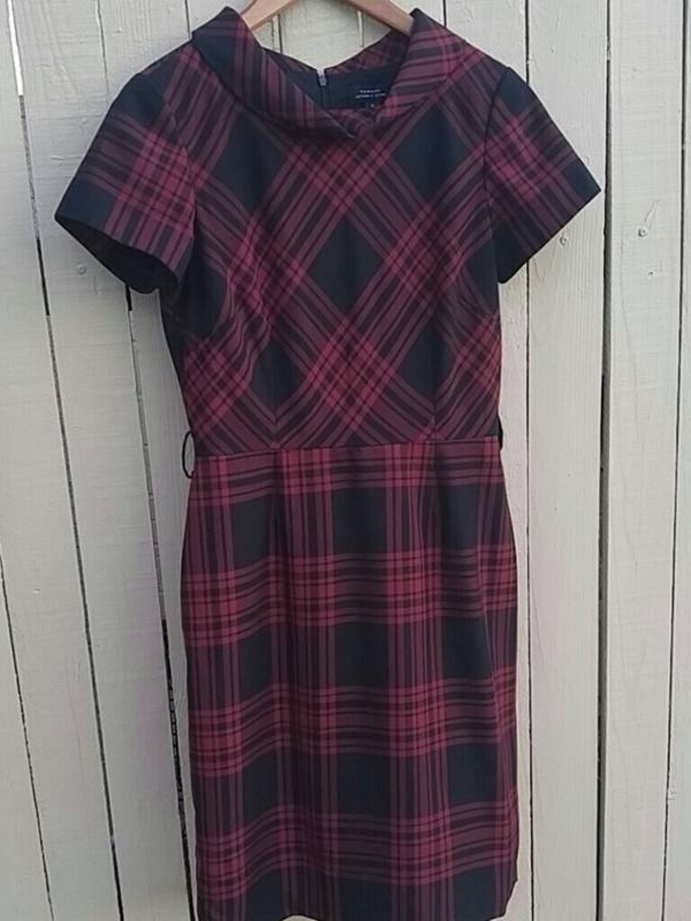 Plaid Midi Sheath Dress in Burgundy and Black